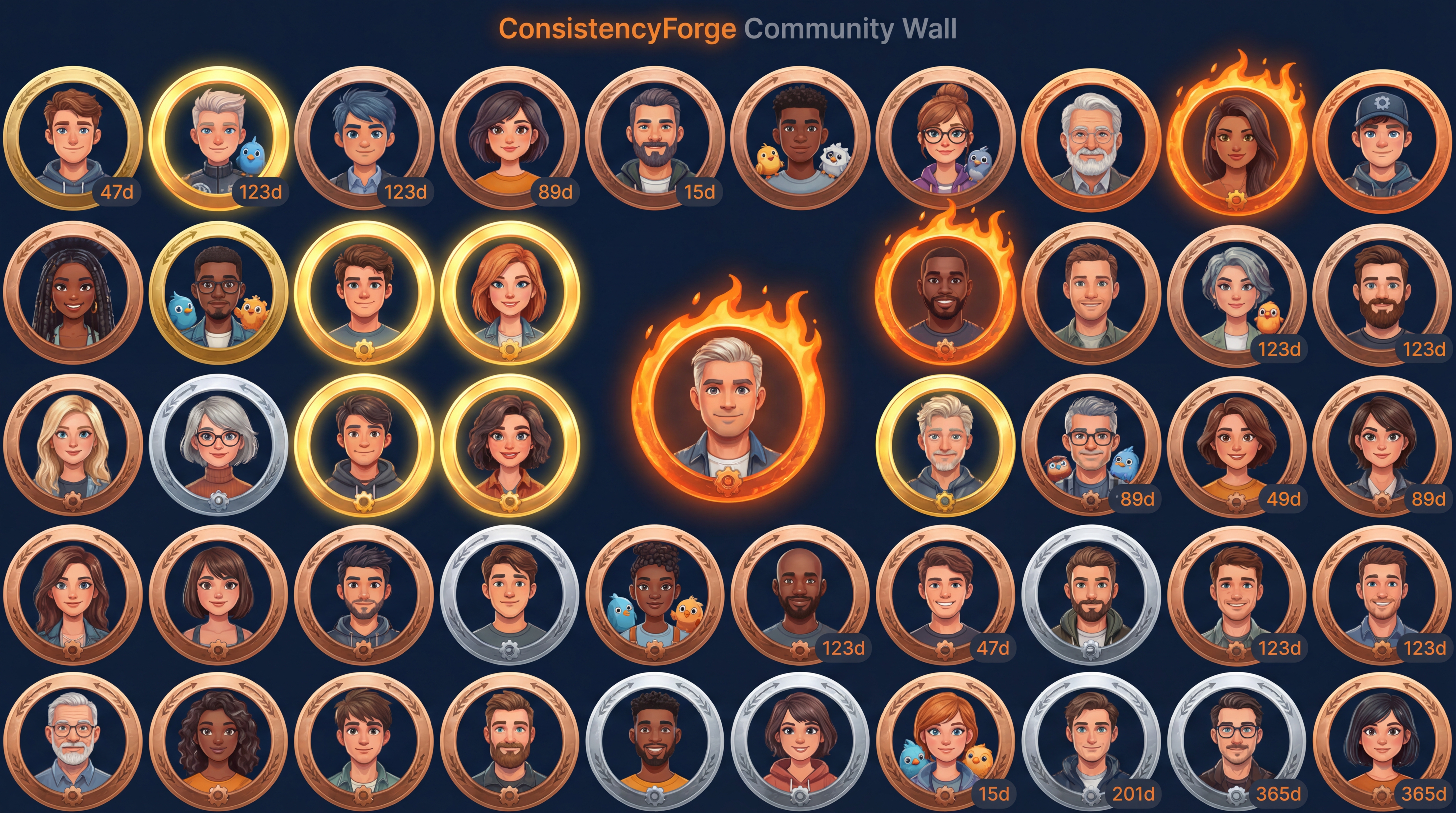 Community members with rank badges and active streaks