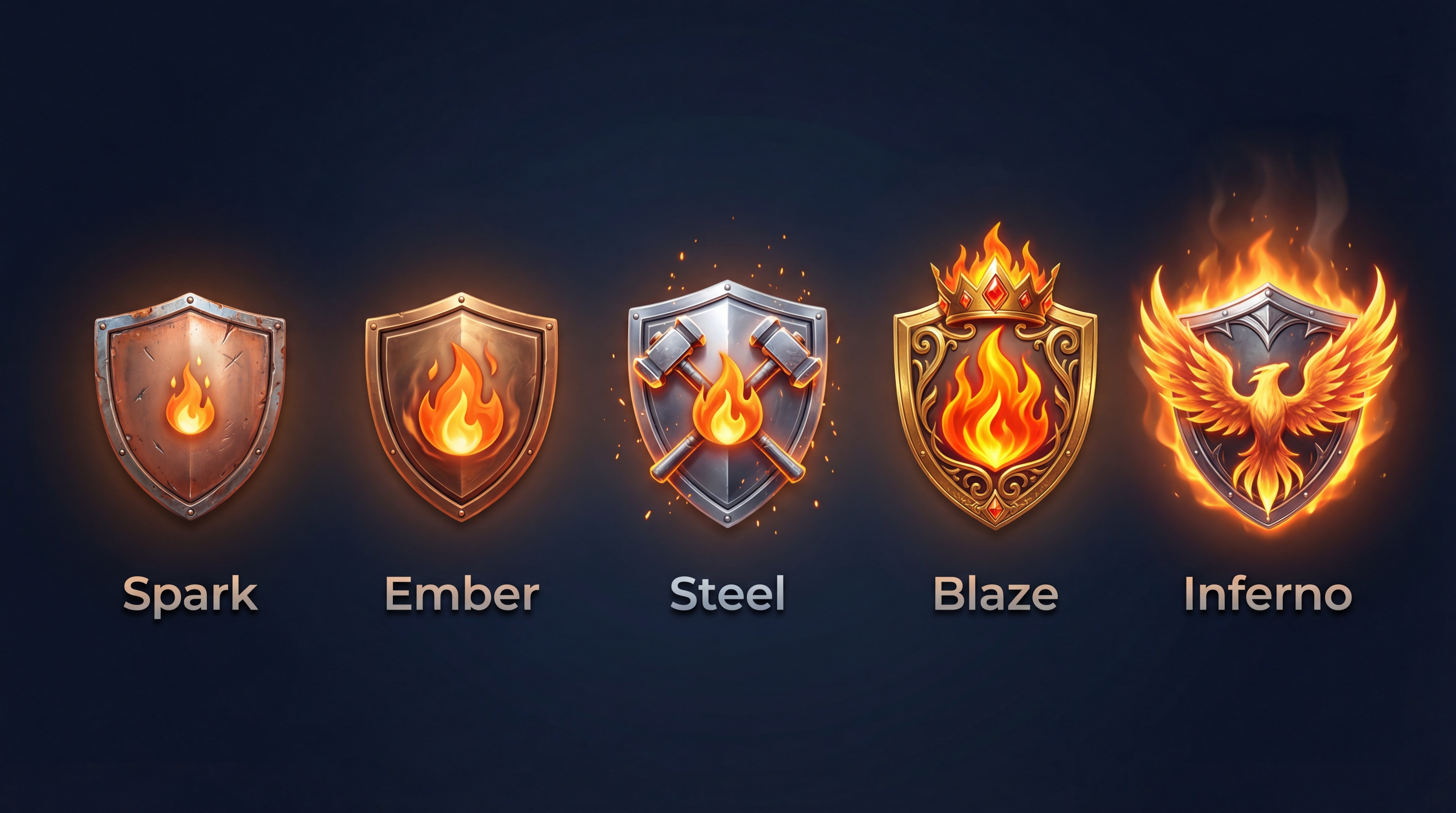 Rank progression badges: Spark, Ember, Steel, Blaze, Inferno